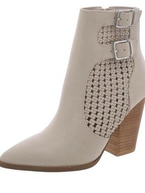 Steve Madden LEATHER Modern Buckle Weaved Western Booties Ivory Bone